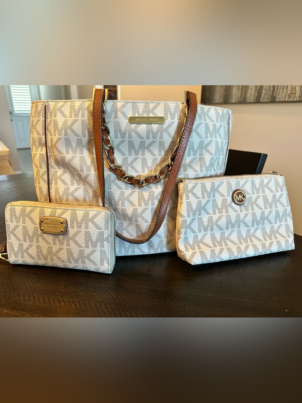 Michael Kors Set -White Logo Tote with Brown Trim with wallet and cosmetic pouch
